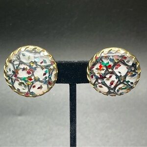vintage sarah coventry confetti lucite clip on earrings gold tone round